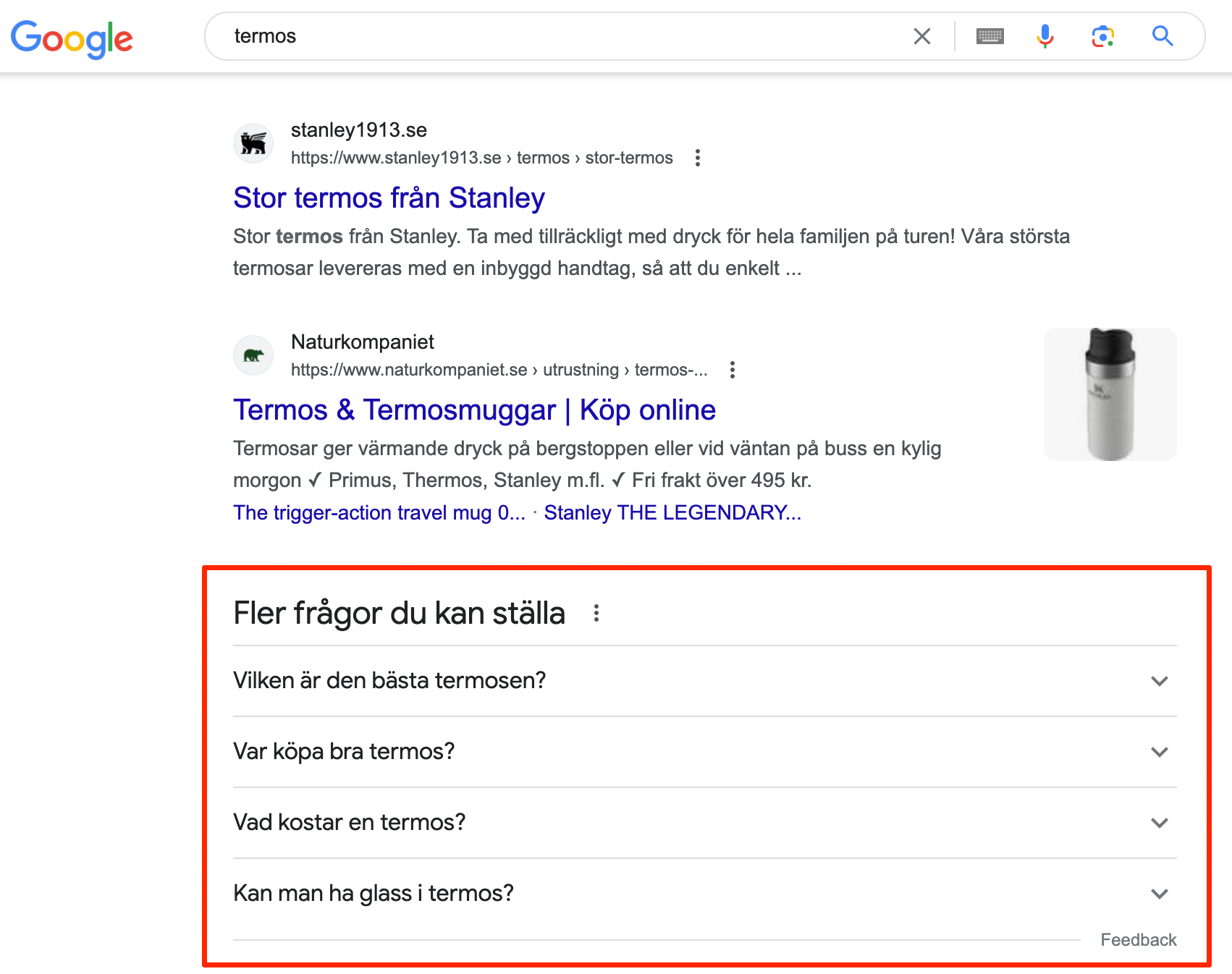 Frågor i sökresultat